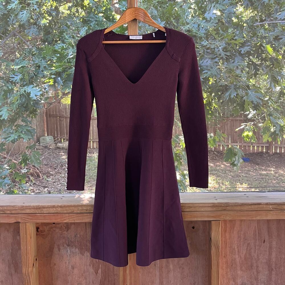 Sandro Women's Burgundy Ribbed Knit Long Sleeve Mini Dress Size XS - Picture 3 of 12
